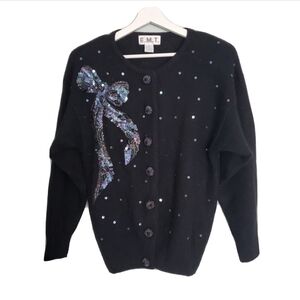 Vintage 80-90s E.M.T. Silk Angora Rabbit Hair Sweater Sequins Beads Black